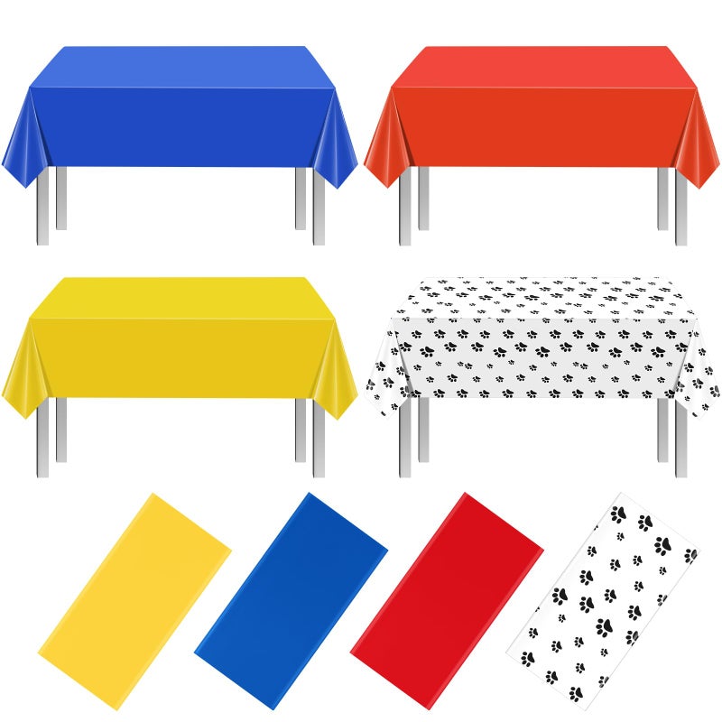 MASHAN 4 Pack Paw Print Plastic Tablecloths, Blue Red Yellow Puppy Table Cloth Disposable Rectangle Table Covers for Kids Birthday Party, Dog Puppy Birthday Party Decorations and Supplies, 108 * 54inch - Image 1