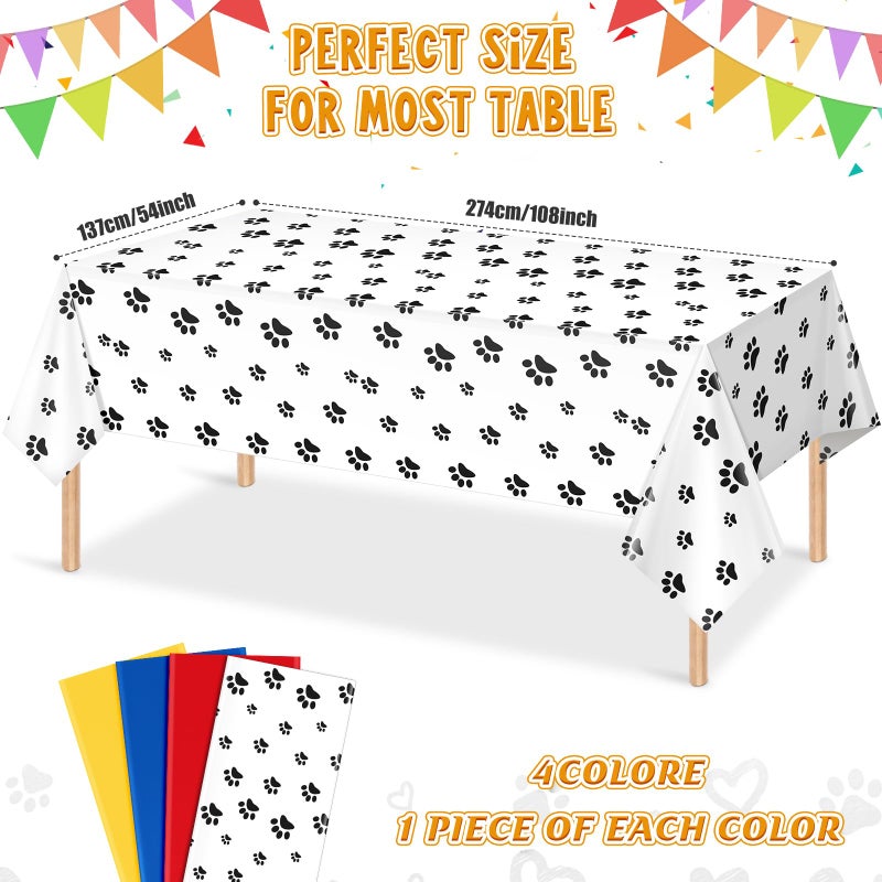 MASHAN 4 Pack Paw Print Plastic Tablecloths, Blue Red Yellow Puppy Table Cloth Disposable Rectangle Table Covers for Kids Birthday Party, Dog Puppy Birthday Party Decorations and Supplies, 108 * 54inch - Image 2