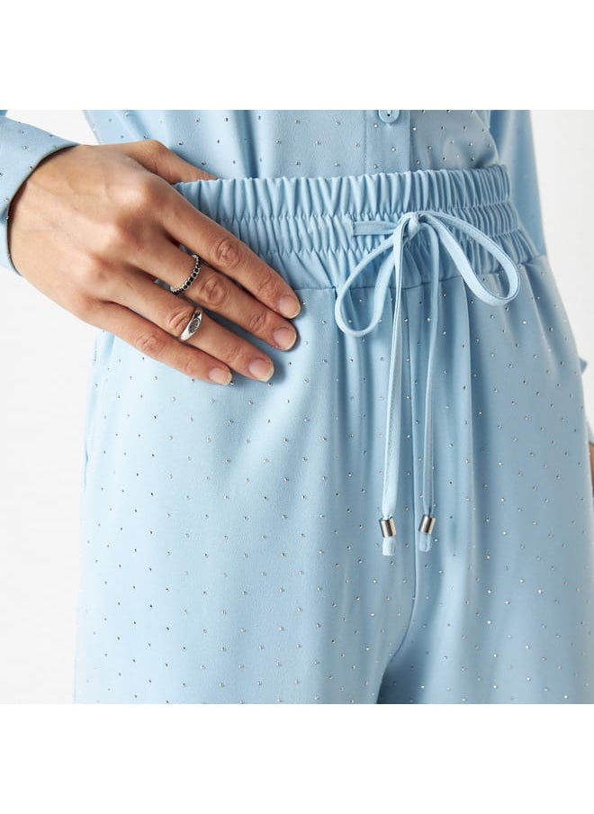 Iconic Iconic All-Over Embellished Flared Leg Pants with Elasticated Waistband and Pockets  - Image 4