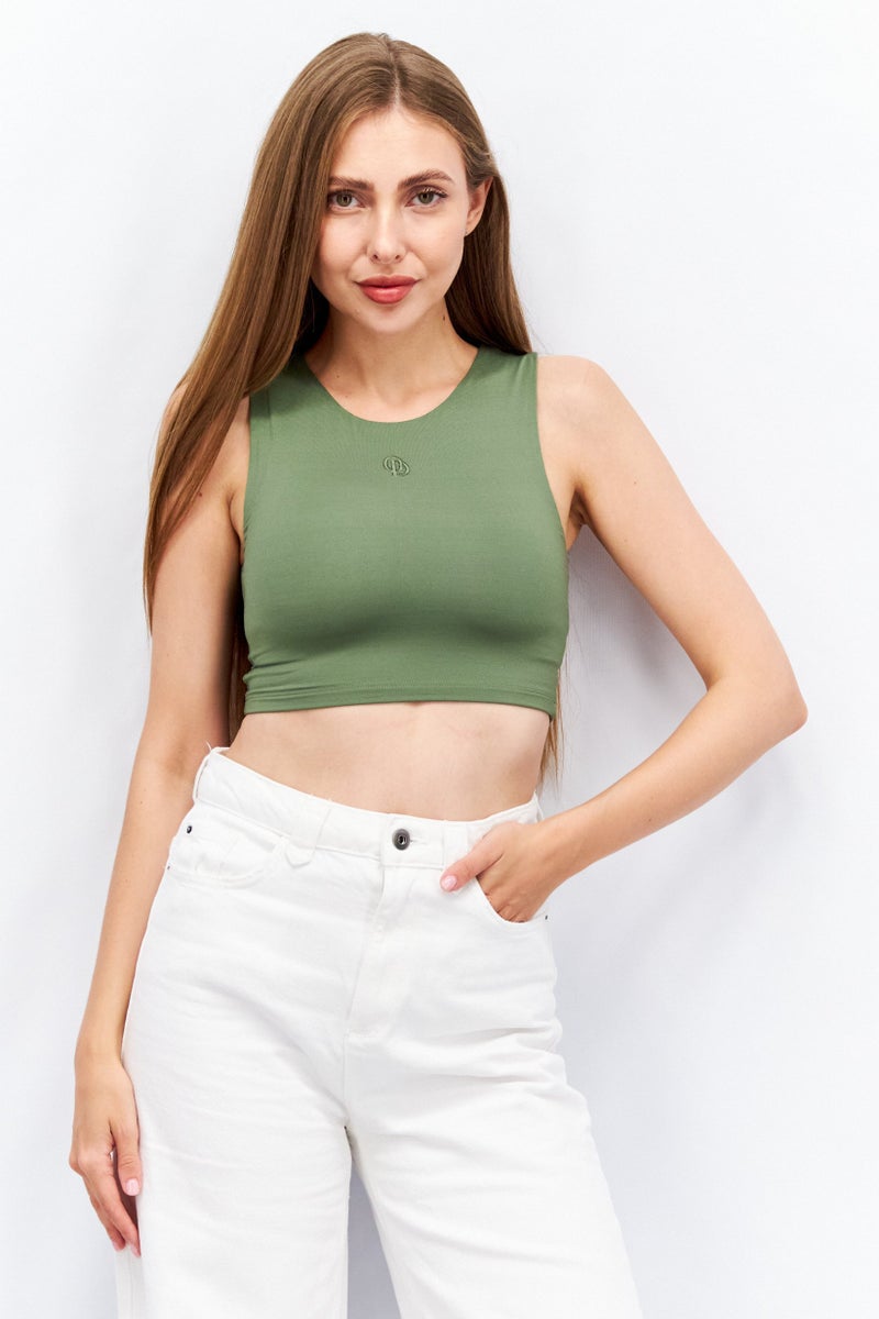 ODolls بلوزة نسائية بدون أكمام مزخرفة بياقة دائرية، زيتوني - Image 1