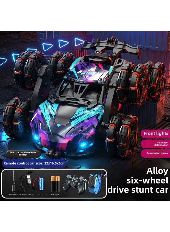 Children's Six-wheel Swing Arm High-speed Drift Off-road Vehicle Six-drive Special Deformation Spray Climbing Bucket Remote Control Car Toy-Color:[Purple Six Wheels] Spray Light Handle Gesture Remote Control-Proportion:Double Electric-with Remote Control Battery Charging Line Screwdriver  - Image 1