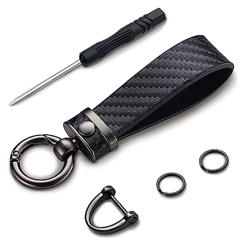 Kewucn Carbon Fiber Style Car Key Chain, Microfiber Leather Keychain, 360 Degree Rotatable Anti-Lost D-Ring Key Fob Holder (Black) - Image 1