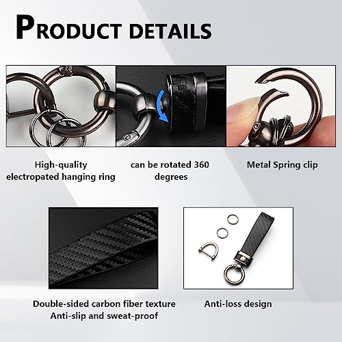 Kewucn Carbon Fiber Style Car Key Chain, Microfiber Leather Keychain, 360 Degree Rotatable Anti-Lost D-Ring Key Fob Holder (Black) - Image 3