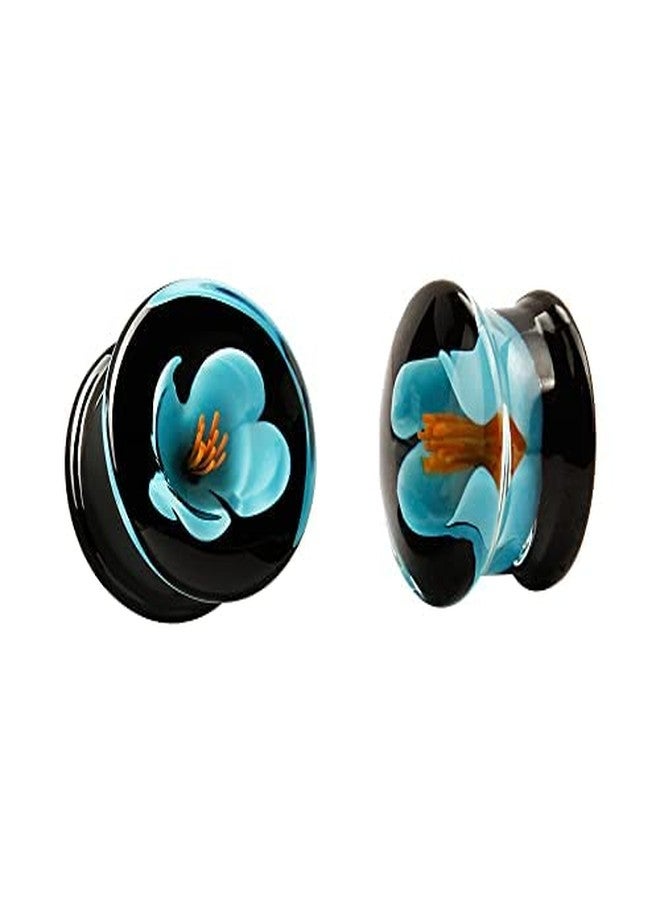OIDIMS 3D Blue Flower Glass Ear Plugs Gauges Tunnel Expanders Stretcher Fashion Punk Earrings Double Flared Piercings Body Jewelry (00g(10mm)) - Image 1