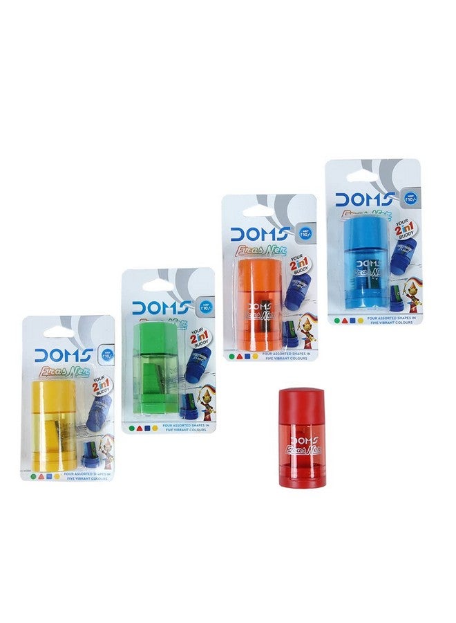 Doms ErasNer Eraser + Sharpner Blister Pack | Durable & Strong Built Quality | 4 Different Shapes in 5 Vibrant Colors | Scientifically Angled Blade With Anti-rust Coating | Pack of 10 Pieces - Image 1