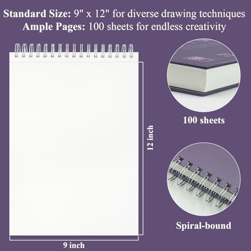Fuxi Purple Sketch Book for Women - 9"x12" Girls Sketchbook, 100 Sheets (73lb/120gsm) Drawing Paper for Kids, Art Supplies for Girls Ages 8-12, Beginners, and Adults, Mothers Day Gifts,1-Pack. - Image 2