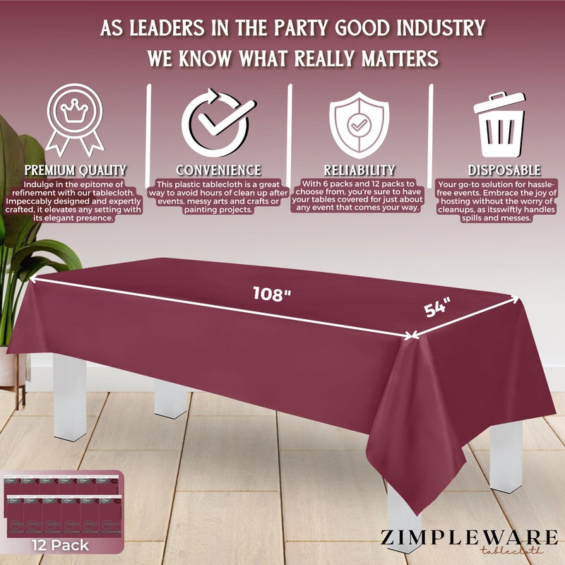 ZIMPLEWARE Premium Berry Plastic Table Cloth Disposable (12 Pk) Plastic Tablecloths for Rectangle Tables (54in x 108in) Party Table Cloths Disposable for 6ft to 8ft Rectangle Tables - Image 3