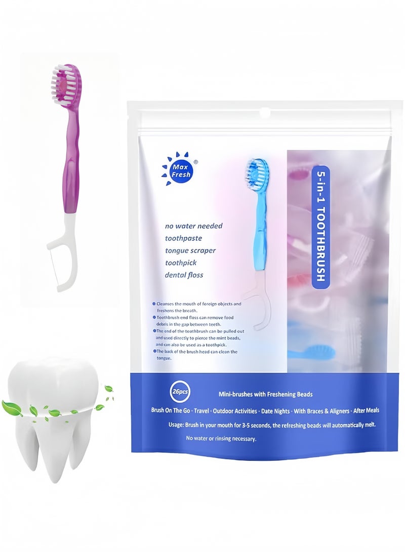 Mint 5 In 1 Mini Toothbrush  Floss  Tongue Scraper  Toothpick Set, , Disposable Mini Toothbrushes  With Bursting Beads, No Toothpaste Required,Convenient And Easy to Carry, Cleans The Mouth and Freshens - Image 1