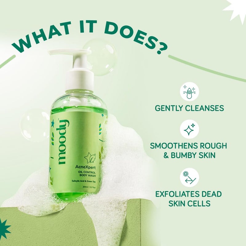 Moody AcneXpert 2 Salicylic Acid 5 Niacinamide Green Tea Body Wash Prevents Body Acne Deeply Cleanses skin Paraben Sulphate free Suitable for all skin types Body Shower Gel 200ml - Image 2
