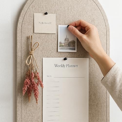 Orelle Arch Felt Bulletin Board | Peel and Stick Felt Board for Wall | Alternative Cork Board for Office, Vision Board, Kids Art Display | Arched Wall Decor | 23 x 31”| Beige - Image 3