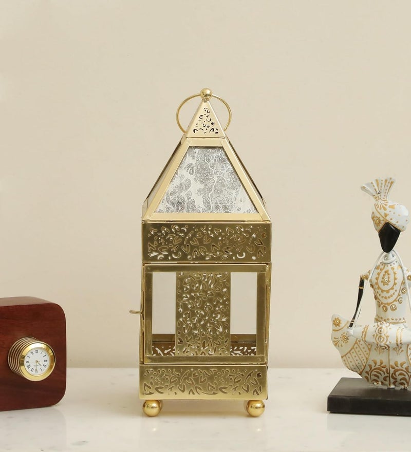 Vedas Gold Iron Indian Heritage Lantern TLight Candle Holder Showpiece Home Decor Size 5 x 13 inches - Image 1