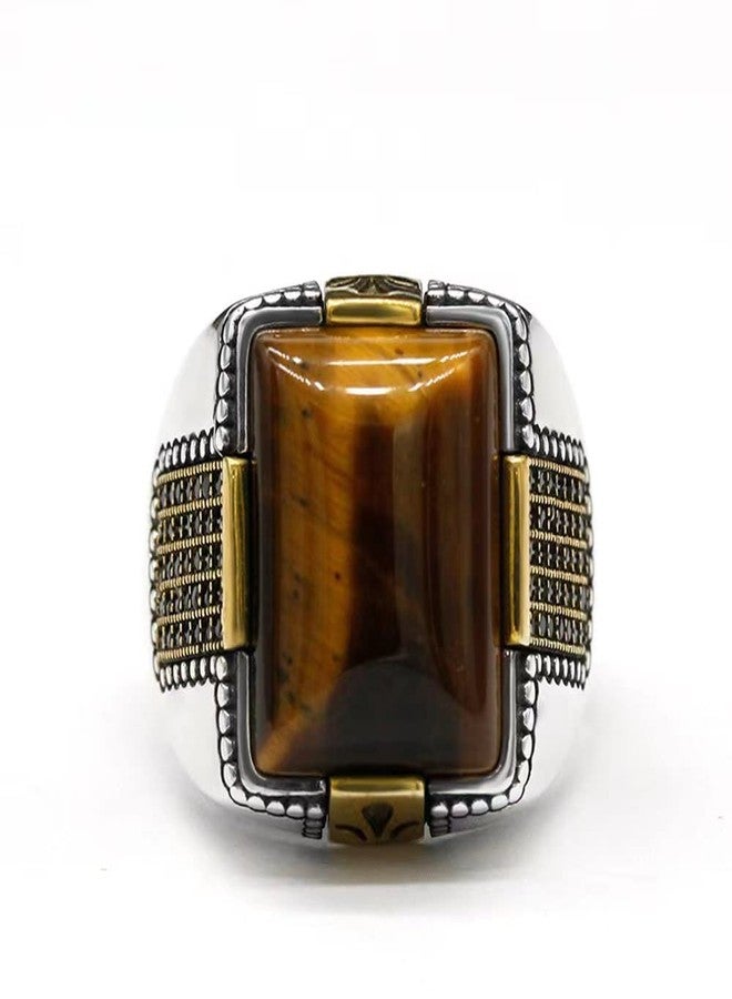 LovePlus Solid 925 Sterling Silver Men's Big Stone Ring Turkey Classic Vintage Inlay Square Natural Brown Tiger Eye Men's Jewelry Punk New Ring, Metal, Tiger Eye - Image 2