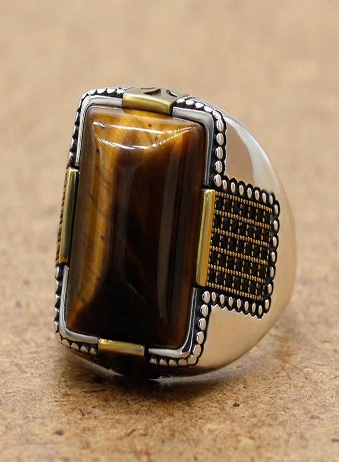 LovePlus Solid 925 Sterling Silver Men's Big Stone Ring Turkey Classic Vintage Inlay Square Natural Brown Tiger Eye Men's Jewelry Punk New Ring, Metal, Tiger Eye - Image 3