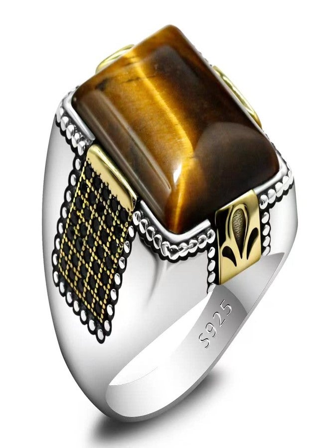 LovePlus Solid 925 Sterling Silver Men's Big Stone Ring Turkey Classic Vintage Inlay Square Natural Brown Tiger Eye Men's Jewelry Punk New Ring, Metal, Tiger Eye - Image 1