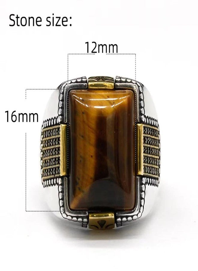 LovePlus Solid 925 Sterling Silver Men's Big Stone Ring Turkey Classic Vintage Inlay Square Natural Brown Tiger Eye Men's Jewelry Punk New Ring, Metal, Tiger Eye - Image 5