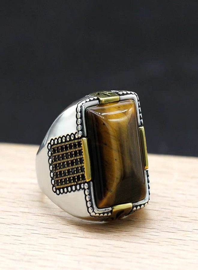 LovePlus Solid 925 Sterling Silver Men's Big Stone Ring Turkey Classic Vintage Inlay Square Natural Brown Tiger Eye Men's Jewelry Punk New Ring, Metal, Tiger Eye - Image 4