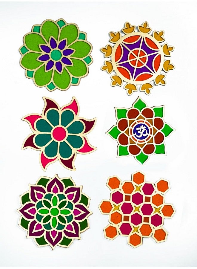 TOTA قوالب رانغولي TOTA - مجموعة 6 قوالب رانغولي ملونة من MDF بحجم 4X4 بوصة | حصائر رانغولي ثلاثية الأبعاد قابلة لإعادة الاستخدام لتزيين المنزل في ديوالي نافراتري بونغال أونام بوجا | فريدة من نوعها - Image 1