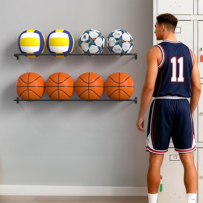 CADUKE Ball Rack Wall Mount with 2 Separate Shelf, Basketball Holder Storage Wall Mount with 8 Ball Capacity, Garage Sports Equipment Organizer - Image 3