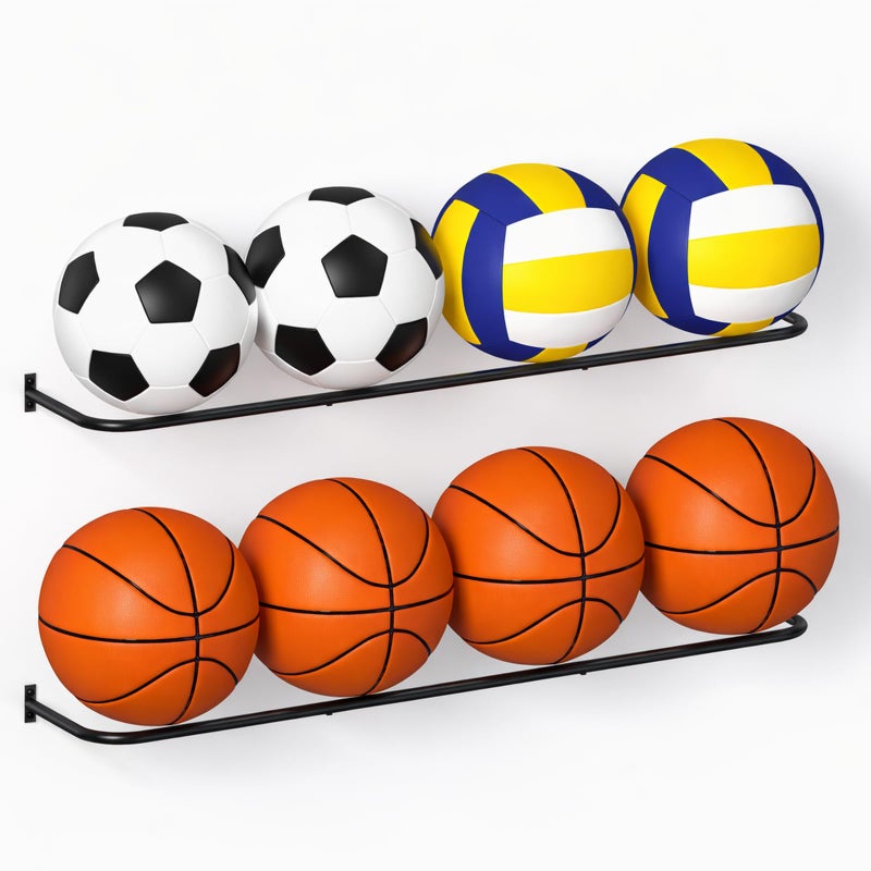CADUKE Ball Rack Wall Mount with 2 Separate Shelf, Basketball Holder Storage Wall Mount with 8 Ball Capacity, Garage Sports Equipment Organizer - Image 1