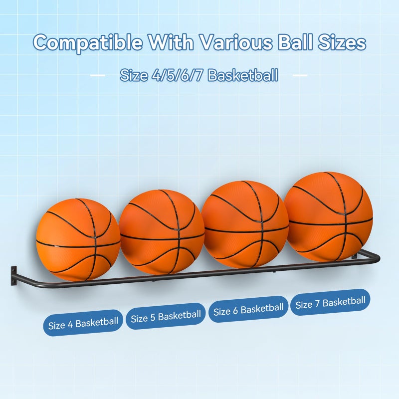 CADUKE Ball Rack Wall Mount with 2 Separate Shelf, Basketball Holder Storage Wall Mount with 8 Ball Capacity, Garage Sports Equipment Organizer - Image 4