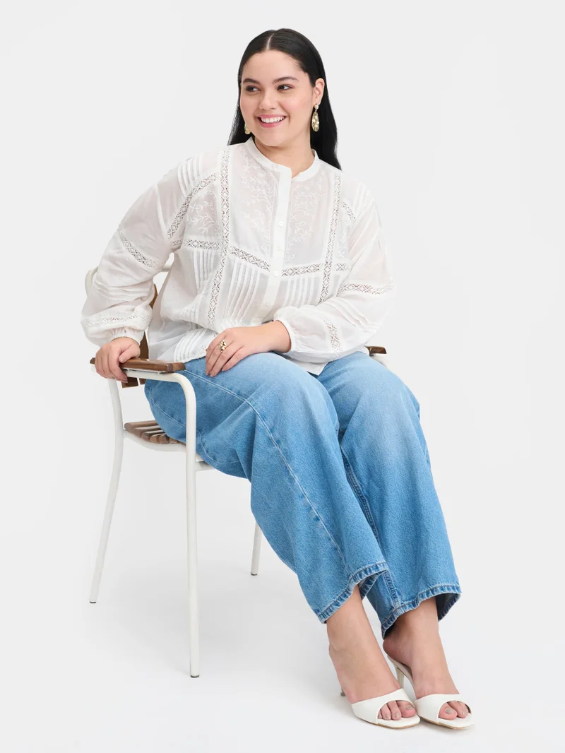 فيرجيو Embroidered Cotton Plus Size Shirt With Lace And Embroidery for Women