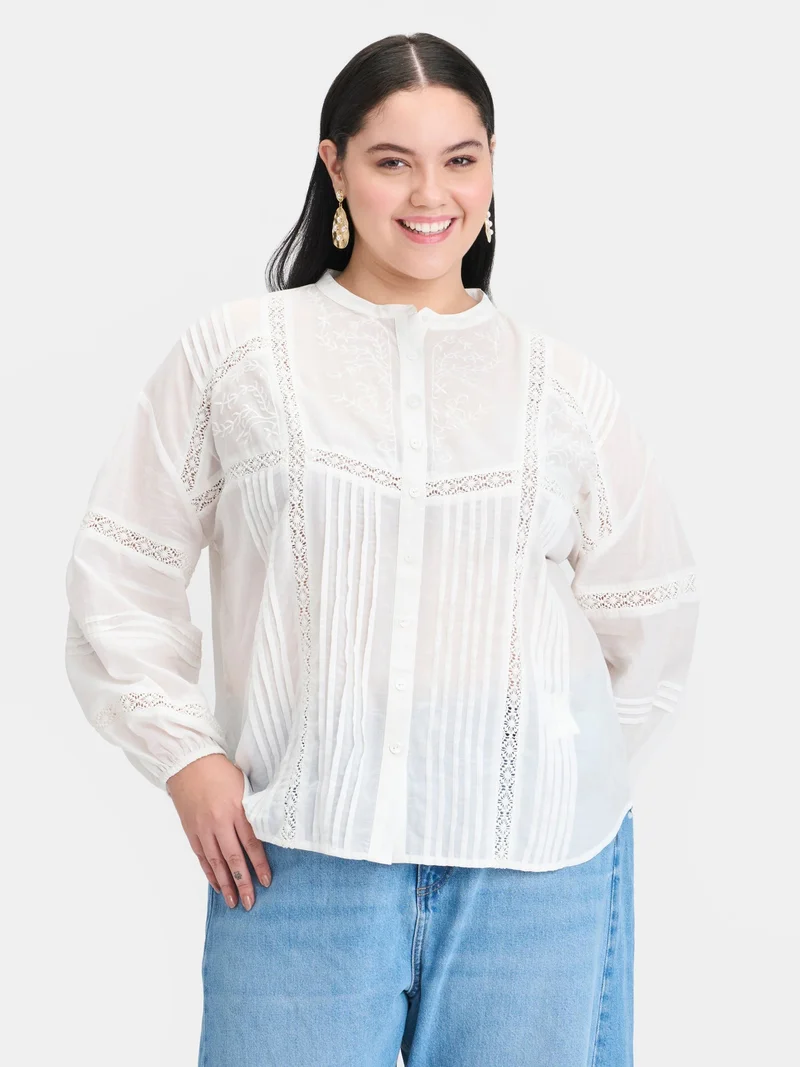 فيرجيو Embroidered Cotton Plus Size Shirt With Lace And Embroidery for Women