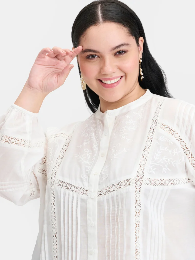 Virgio  Embroidered Cotton Plus Size Shirt With Lace And Embroidery for Women for Women | Best Price UAE