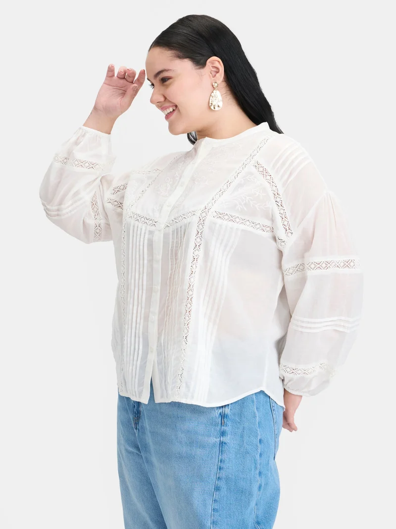Virgio  Embroidered Cotton Plus Size Shirt With Lace And Embroidery for Women for Women | Best Price UAE