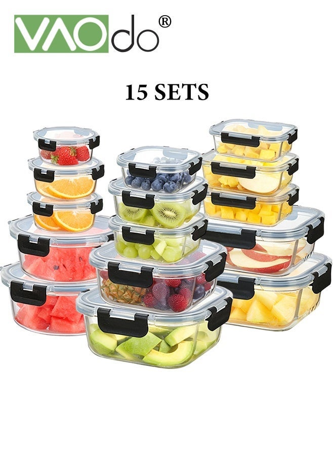 فاو دو 30 قطعة من حاويات تخزين الطعام الزجاجية مع أغطية، حاويات زجاجية لتحضير الوجبات، صناديق غداء زجاجية محكمة الإغلاق، آمنة للاستخدام في الميكروويف والفريزر وغسالة الأطباق والفرن، مانعة للتسرب وخالية من مادة BPA، لون أسود - Image 1