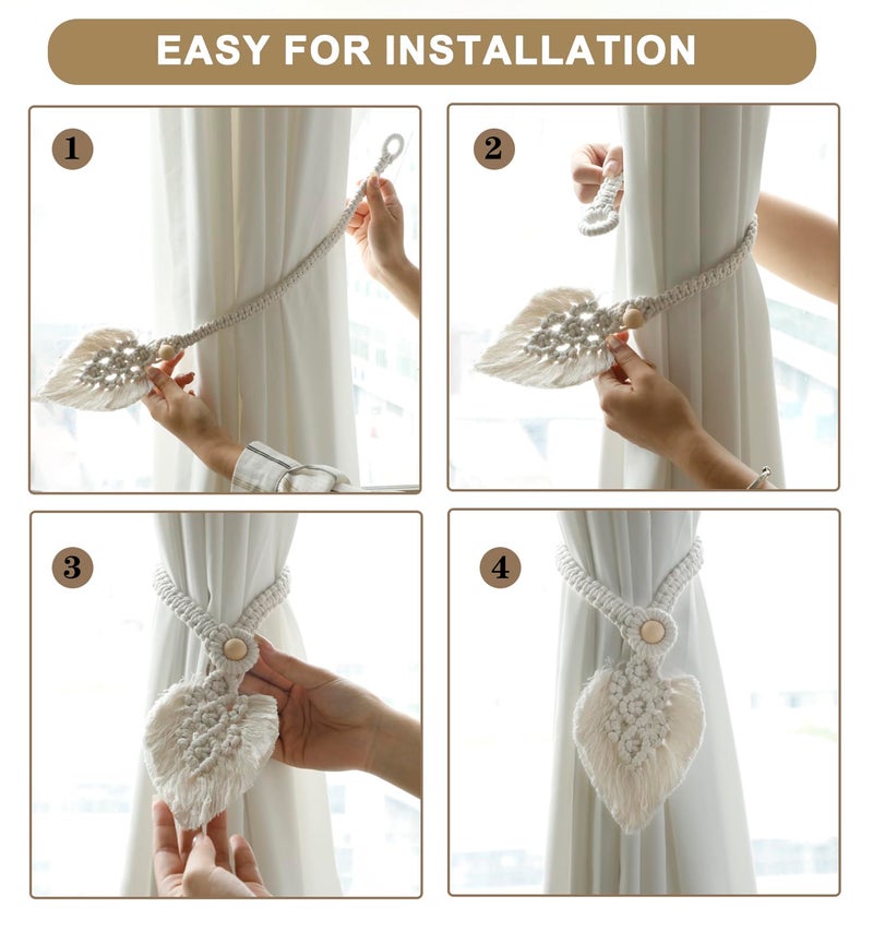 Artilady 2Pack Curtain Tiebacks Handmade Holdbacks - Farmhouse Curtain Tie Back Holder by Hand-Woven Cotton Rope, Bohemian Home Decor Drapery Holdback - Image 4