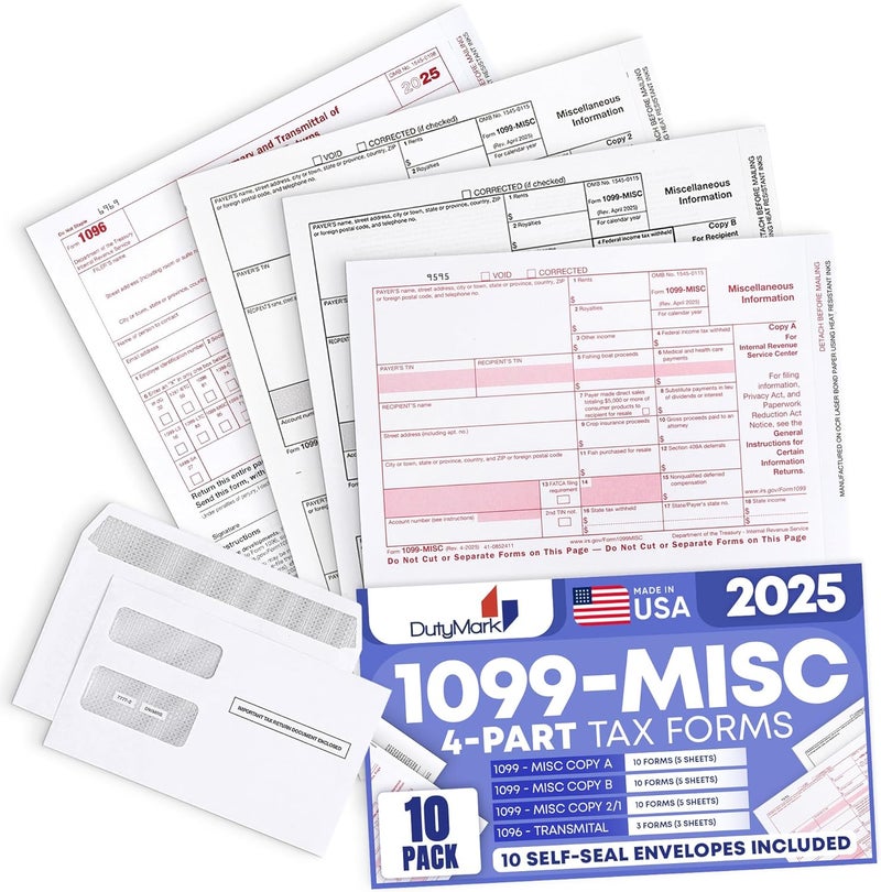 Dutymark DuryMark 1099 Misc Tax Forms 2025 with Envelopes, 10 Vendor Kit for 4 Part Tax Form, Compatible with QuickBooks and Accountings Software, Self Seal Envelopes, Made in USA - Image 1