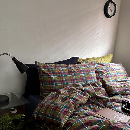 MKXI Buffalo Plaid Duvet Cover Set 3 Piece Vintage Bedding in Kelly Green Navy Red 100 Washed Cotton Reversible Design with Zipper Closure Corner TiesShabby Chic Aesthetic for Queen - Image 3