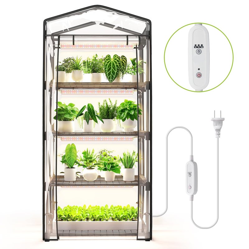 SpeePlant Indoor Greenhouse with Grow Light, 4 Tier, 1.6FT 80W Full Spectrum Grow Light with Timer, Portable Plant Shelves with Waterproof PVC Cover for Seed Starting, 26.4L X 19W X 61H - Image 1