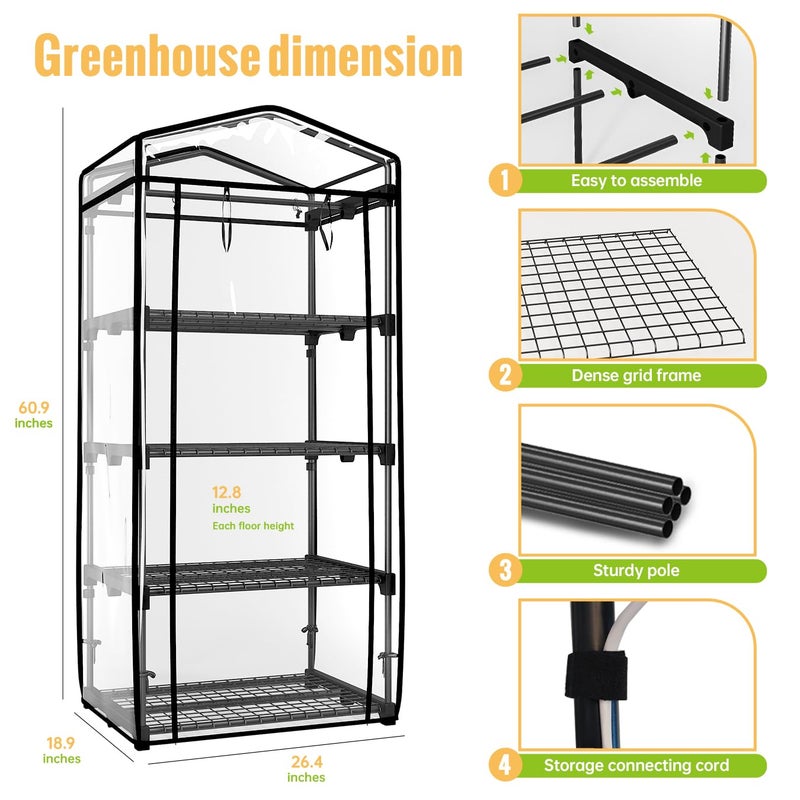 SpeePlant Indoor Greenhouse with Grow Light, 4 Tier, 1.6FT 80W Full Spectrum Grow Light with Timer, Portable Plant Shelves with Waterproof PVC Cover for Seed Starting, 26.4L X 19W X 61H - Image 3