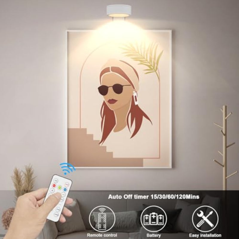 Picture Light with Remote Control, Battery Powered Painting Lamp, Wireless Art Light with 3 Colors, Portrait Lamp for Art Frames, Decorative Wall Lights White - Image 4