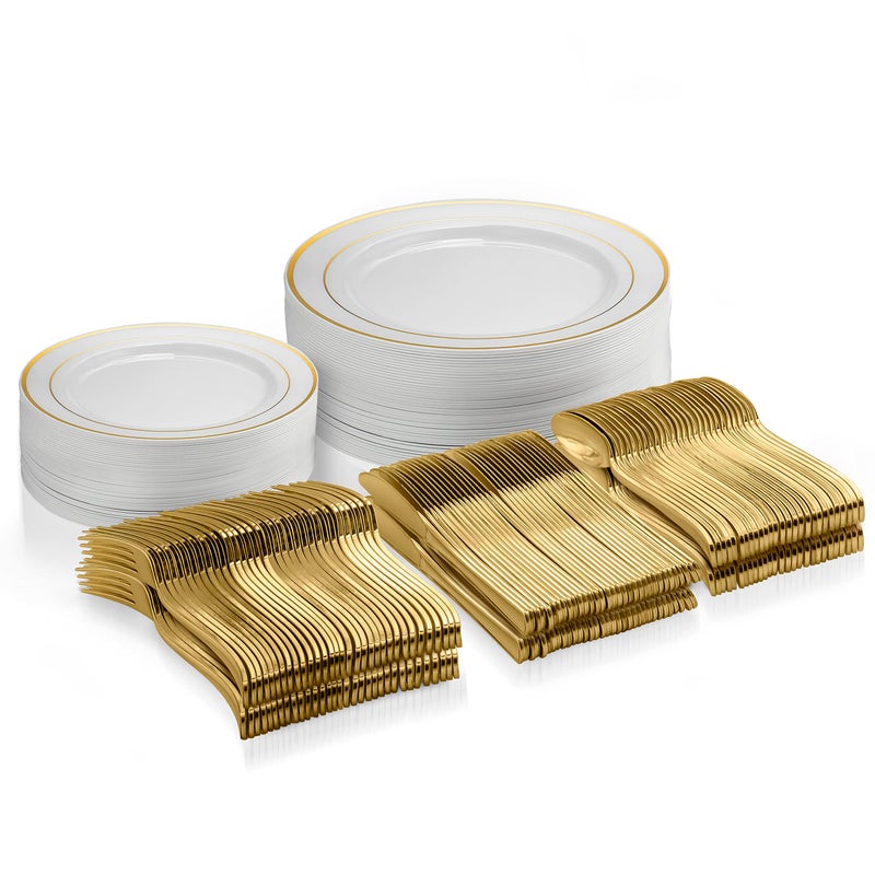 Munfix 125 Piece Gold Dinnerware Party Set  50 Gold Rim Plastic Plates 25 Dinner 25 Dessert Plates 25 Knives 25 Forks 25 Spoons  25 Guest Disposable Set for Wedding Birthday Parties 