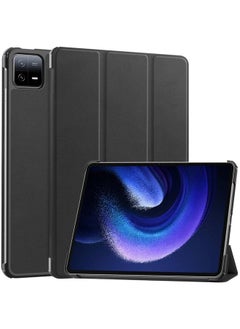 HuHa غطاء حماية لجهاز Xiaomi Pad 6 / 6 Pro، حافظة جلدية ذكية بثلاث طيات بلون سادة، باللون الأسود 