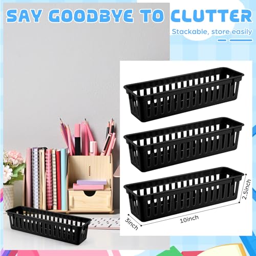 wlilupah 12 Pcs Black Slim Plastic Storage Baskets Tray 10 x 3 x 25 Inch Compact Stackable Desk Organizer for Office Classroom School Supplies and Home Storage OrganizationBlack - Image 3