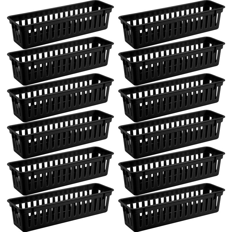 wlilupah 12 Pcs Black Slim Plastic Storage Baskets Tray 10 x 3 x 25 Inch Compact Stackable Desk Organizer for Office Classroom School Supplies and Home Storage OrganizationBlack - Image 2