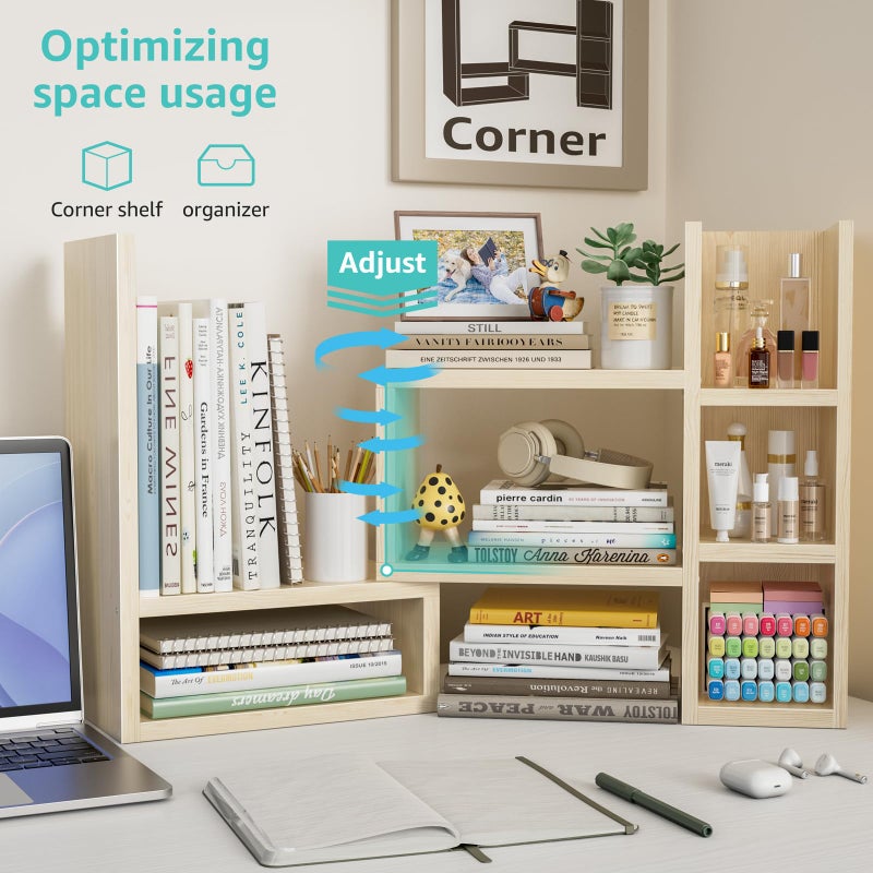 NUTIKAS Desk Shelves Desktop Organizer Shlef - Natural Wood Tone Office Organization for Top of Desk Organizers and Accessories Corner Bookshelf Table Top Shelving Small Hutch Decorations for Office - Image 4