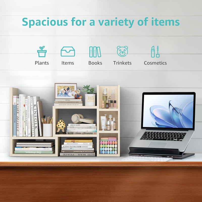 NUTIKAS Desk Shelves Desktop Organizer Shlef - Natural Wood Tone Office Organization for Top of Desk Organizers and Accessories Corner Bookshelf Table Top Shelving Small Hutch Decorations for Office - Image 3