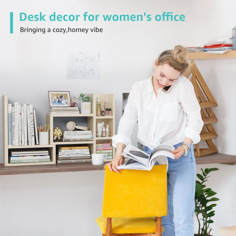 NUTIKAS Desk Shelves Desktop Organizer Shlef - Natural Wood Tone Office Organization for Top of Desk Organizers and Accessories Corner Bookshelf Table Top Shelving Small Hutch Decorations for Office - Image 5