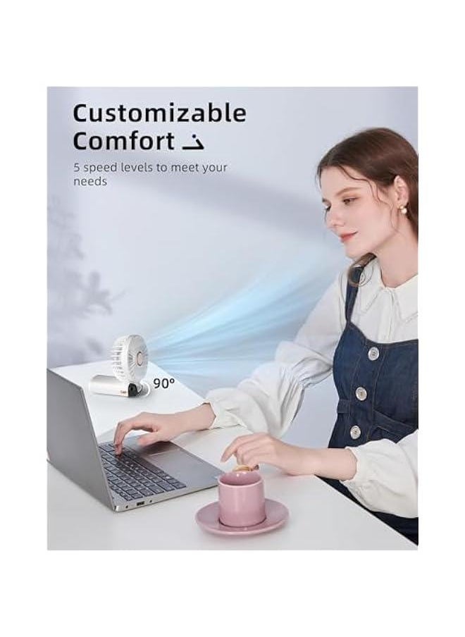 HOOKOR Portable Handheld Fan, Battery Operated Fan with Base, 7-12Hours, Digital Display, 5 Speeds, 90° Ajustable, Rechargeable Mini Fan for Outdoor Indoor (White)  - Image 3