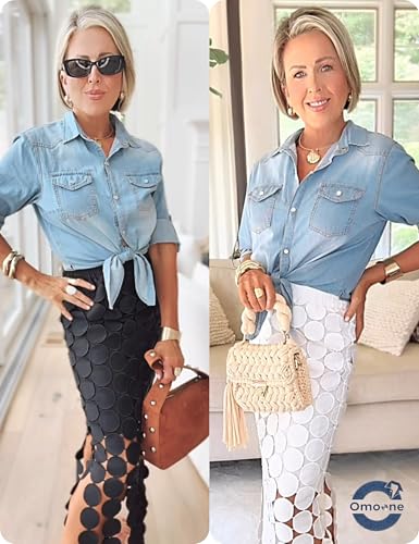 Omoone Women's 3/4 Sleeve Denim Crop Top Tie Knot Shirt Cardigan (0774-Light Blue-M) - Image 3