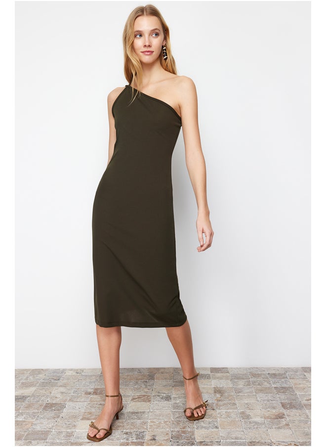 trendyol Khaki Strappy Fitted Midi Crepe Knitted Dress TWOSS23EL02303  - Image 1