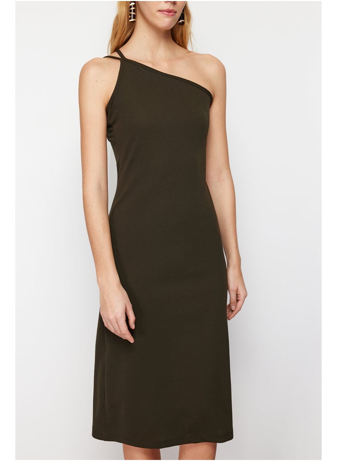 trendyol Khaki Strappy Fitted Midi Crepe Knitted Dress TWOSS23EL02303  - Image 4