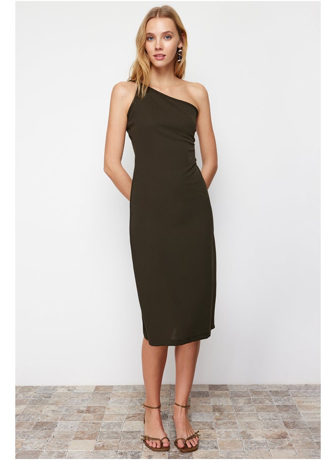 trendyol Khaki Strappy Fitted Midi Crepe Knitted Dress TWOSS23EL02303  - Image 2