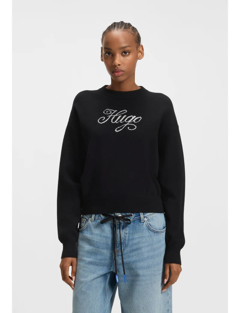 Relaxed-fit knitted sweater with metallised-yarn logo