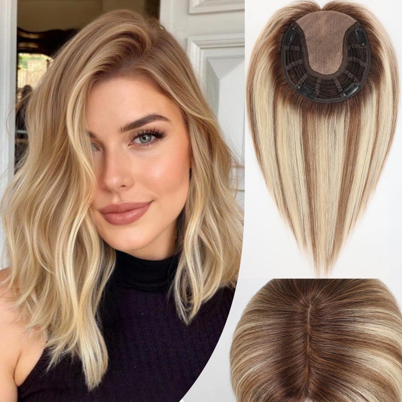 starluck Hair Toppers for Women Real Human Hair 7"*7" Large Base ombre Blonde mix Brown No Bangs 100% Real Human Hair Toppers for Women with ThinningHair Cover Gray Roots - Image 1