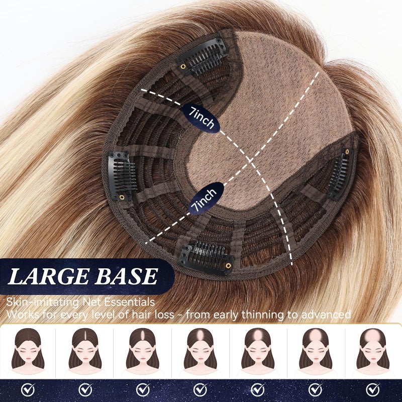starluck Hair Toppers for Women Real Human Hair 7"*7" Large Base ombre Blonde mix Brown No Bangs 100% Real Human Hair Toppers for Women with ThinningHair Cover Gray Roots - Image 2
